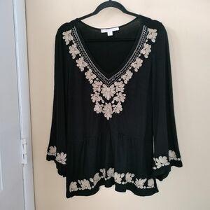 Boston Proper S Black Floral Embroidered Top Shirt Blouse Office Boho Stretch